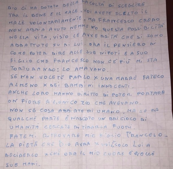 Mattinata:Scomparsa Armiento, la madre scrive un'altra lettera ai  killer